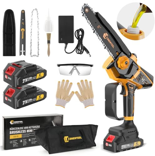 CONENTOOL Mini Chainsaw Brushless, 6+8 Inch Cordless Chainsaw with 2 x 2500mAh Batteries and Tool Bag, Electric Chainsaw with Oiler System for Cutting Wood Branches and Trimming Tree