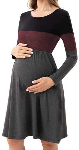 Bearsland Women’s Long Sleeve Maternity Dresses Patchwork Pregnancy Dress with Pocket, Barn Red, M
