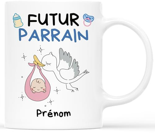 𝗖𝗔𝗗𝗘𝗔𝗨 𝗣𝗟𝗨𝗦 Mug Personnalisé Prénom - Futur Parrain - Cadeau Parrain Marraine, Cadeau pour Son Parrain, Cadeau Parrain Personnalisé, Annonce Parrain, Annonce Grossesse Parrain