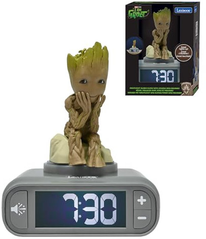 Lexibook, Marvel Guardians of The Galaxy, Groot Nachtlicht-Wecker, Töne und Melodien, hintergrundbeleuchteter LCD-Bildschirm, beleuchtet, Schlummerfunktion, grau/braun, RL800GG