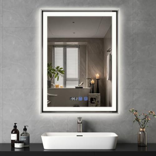 YU YUSING Badspiegel LED 60x80cm Badezimmerspiegel mit 3 Lichtfarbe Einstellbare, Wandspiegel Metallrahmen mit Touch-Schalter Spiegel Badezimmer Anti-Beschlag Timer-funcktion IP44, Vertikale, Silber