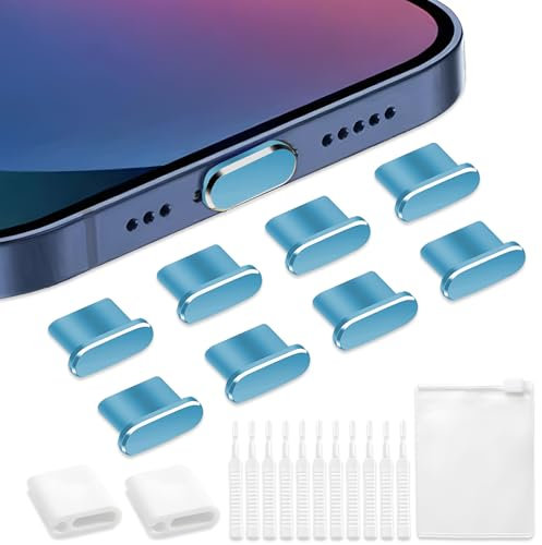8 pcs Dust Plug for iPhone, VEINARDYL USB C Charging Port Protector Cap with 10 Cleaning Brush, Headphone Jack Dust Plug Charger Cover compatible with iPhone 15/16 Plus Pro Max iPad 10th - Light Blue