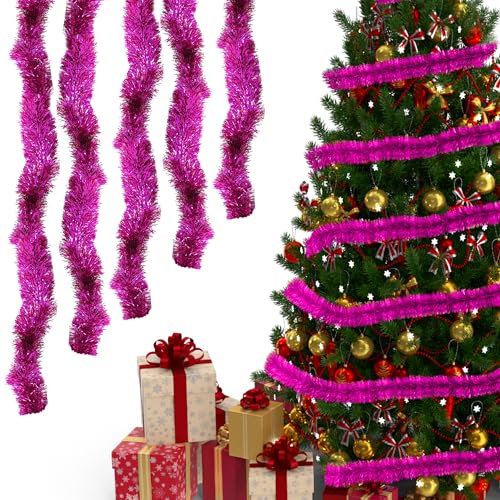Trimming Shop 10M Rose Pink Christmas Tinsel Garland Shiny Metallic Fine Foil Twist Xmas Tree Garland for Festive Party, Holiday Celebration, Indoor & Outdoor Hanging Decorations