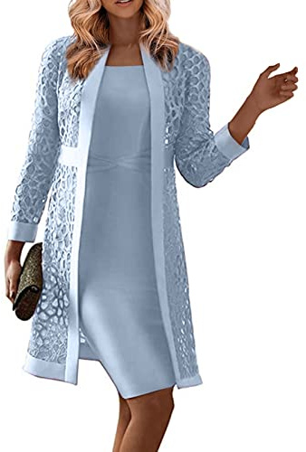 FUPODD Abendkleider Für Hochzeit Knielang Mit Jacke 2 Teilig Brautmutterkleider Frauen Elegant Für Hochzeitsgast Lang Zweiteiler Festliche Damen Outfit Ink. Kleid Ärmellos Und Mantel Langarm Cut Out