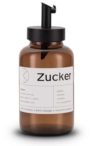 Koffs Design Barista Zuckerstreuer mit Edelstahl Dosierer – individuell bedruckbarer Streuer für Zucker, Saaten, Müsli Toppings - moderne Zuckerdose aus Glas mit UV‑Schutz - Zucker 300ml