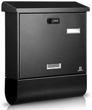 KINGCEPHAS Post Box,Large Wall Mount Letterbox with Combination Lock(Black) | Newspaper Compartment,Galvanized Steel,Weatherproof,Letter Box for Outdoor,Viewing Windows,Newspaper Holder,38x11.5x42.5cm