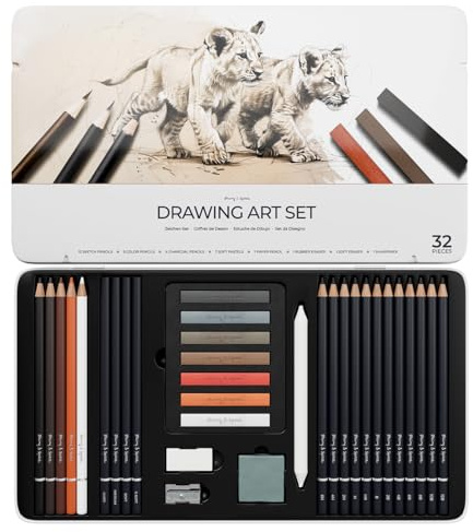 String & Space Professional Drawing Set – 32pc Art Kit for Adults – 12 Graphite Pencils (6H–12B), Charcoal, Pastels & Earth Tones – Metal Tin
