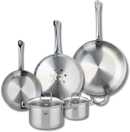 ELO 9511850 Batterie de cuisine 5 pièces, Ensemble de 3 Poêles de cuisson 24, 28 et 32 cm et 2 faitouts 14 et 20 cm Elo Profi Citrin, inox, induction