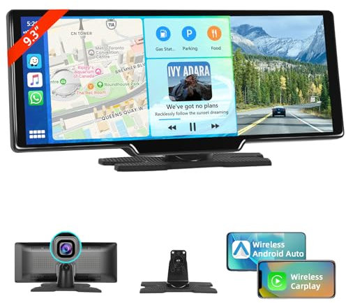 Motorsi Autoradio Carplay avec Dashcam Avant, IPS 9,3 sans Fil Android Auto Écran Carplay Voiture Portable, Siri G00gle Assistant Vocal, Bluetooth, Transmetteur FM, AUX, Mirror Link, GPS, Airplay