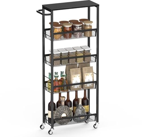 Nandae 5-Tier Kitchen Trolley on Wheels, Slim Storage Trolley with Wood Top & Metal Mesh Shelves, Multifunctional Narrow Shelving Unit for Kitchen, Pantry, Office black