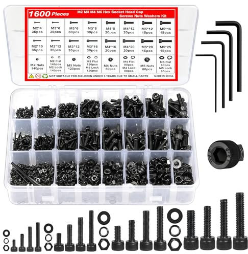 Pmueuff Set di Viti Esagono Incassato, 1600 Pezzi Viti a Testa Cilindrica In Acciaio Legato Vite e Bulloni e Dadi Set M2 M3 M4 M5 Viti a Testa Esagonale Kit con Chiave Esagonale, Bulloni e Rondelle