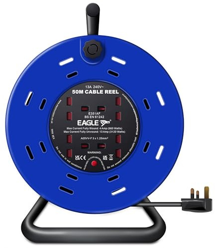 Eagle 4 x UK Plug Socket Extension Reel with A Frame Metal Holder, Restable Thermal Safety Cut Out Protection, Cushioned Easy Hold Handle, Winding Handle, UK Plug. Extending Extension Lead 13 Amps 50m