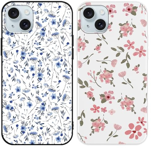 Phoona 2 Pack Cute Case for iPhone 15 PLUS 6.7, Pink Floral Aesthetic Preppy Summer Girly Blue Flower Design Pattern for Girls Women, Slim Soft Silicone Shockproof Bumper Protector Cover