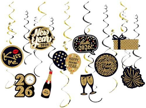 Silvester Deko 2026,10 Pcs Silvester Deko,Happy New Year 2026,Gold Party Schwarz Dekoration,Wirbel Decorations Girlande für Deckenhänger Streudeko,Silvesterdeko Sylvester Zubehör,Silvesterparty