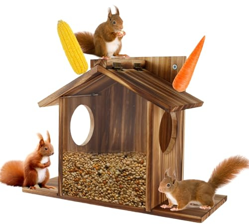 Eichhörnchen Futterhaus Wetterfest,Hölzerne Eichhörnchen Picknick Tischfütterung mit Klarsichtfenster,32,5×12,5×21 cm,Haltbare Chipmunk Haus Box für Mais-Erdnüsse,Hängende Chipmunk Haus Nüsse