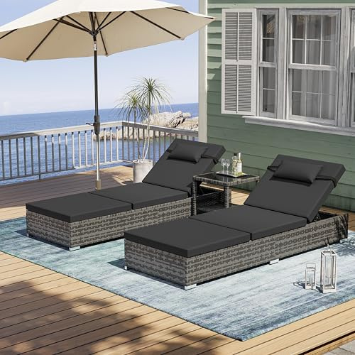 UDPATIO Set de 2 Tumbonas de Ratán, Respaldo 5 Posiciones + Mesa Jardín, Poliratán Tumbonas Jardin Exterior Impermeables, para Jardín, Exterior y Patio, Ratán Gris y Cojín Gris