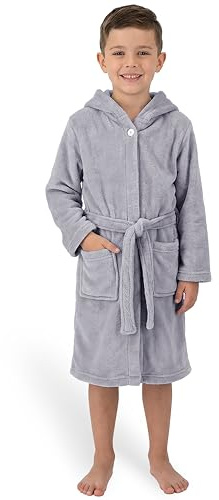 Gräfenstayn Bademantel Kinder & Teenager aus Fleece mit Knopf und Kapuze– OEKO-TEX 100 – Flauschiger Kinderbademantel für Jungen & Mädchen (170-176 hellgrau)