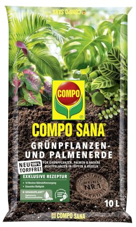 Compo SANA® Grünpflanzen- und Palmenerde torffrei, 10 L – Spezialerde mit Start-Düngung und Atmungsflocken für Zimmer-, Balkon- und Terrassenpflanzen – hochwertige torffreie Grünpflanzenerde