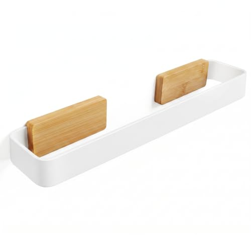 Danhol | Porta Asciugamani Bagno Adesivo Bianco Opaco e Legno Bambù 34 cm | Alluminio da 3 mm e bambù naturale