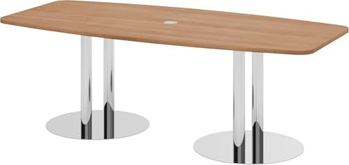 Bümö Konferenztisch oval 220x103 cm großer Besprechungstisch in Nuss, Besprechungstisch mit Chromsäulen, Meetingtisch für 8 Personen, XXL-Tisch für Besprechungsraum & Meeting