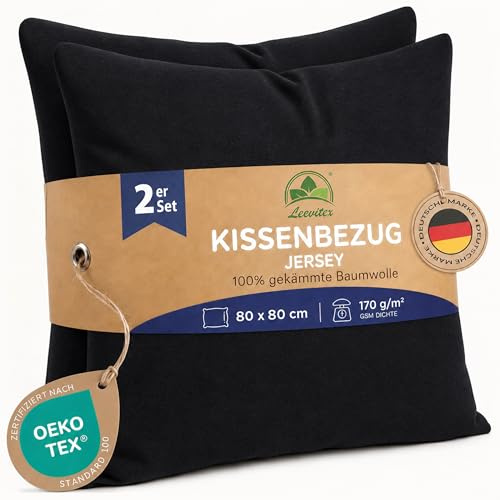 leevitex Kissenbezug 80x80cm - 2er Set - 100% Baumwolle Jersey - Schwarz | Öko-Tex Zertifiziert · Kopfkissenbezug für Kissen 80x80 cm · Kissenhülle 80x80 · verdeckter Reißverschluss · 170 g/m²