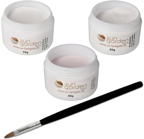 Kit de acrylique Poudre 3x30g incl. Pinceau acrylique, ( Poudre 30g Transparente, 30g Blance, 30g Rose)
