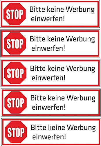 Keine Werbung! 5 - Block - weiße Briefkastenaufkleber 70x20 mm - Aufkleber STOP Bitte keine Werbung einwerfen - Briefkasten - Zeitungsrolle (1)