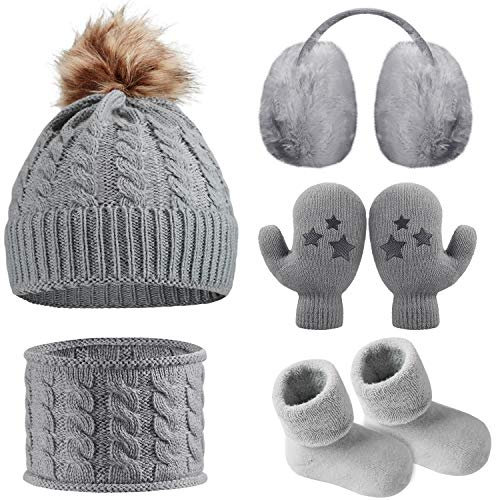 Baby Winter Beanie Hat Scarf Toddler Earmuffs Mittens Socks, 5 Pieces Baby Winter Warm Set (Gray)