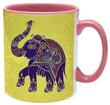 Traditional Retro Indian Elephant Oriental Ethnic Pattern Mug Vintage Colourful Decorative Hippy Boho Coffee Tea Cocoa Soup Daily use Mug. (Pink Inside Coloured & Pink Handle Mug)