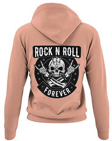 Rocker Damen Pullover mit Kapuze Rock n Roll Forever - Biker Kapuzenpullover Hoodie Frauen Mädchen für Rock Fans Heavy Metal Pommesgabel Regular Fit Baumwolle Schwarz Rose XS-3XL (Soft Rose, S)