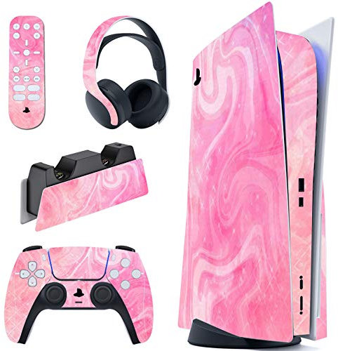 PlayVital Skin für ps5 Konsole Regular Edition,Aufkleber Vinyl-Skin Stickers Schutzfolie Folie für PS5 Konsole,Controller,Ladestation, Headset,Medienfernbedienung-Psychedelic Pink