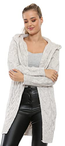 BESTITALIANUK Women Ladies Cardigan Cable Knitted Oversized Long Hooded Chunky Jumper Cape Top (UK, Numeric, 8, 16, Regular, Regular, Beige)