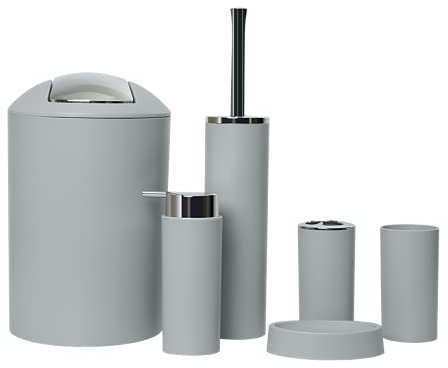 6tlg Badset Badezimmer Zubehör Set Organizer: Seifenspender, Zahnputzbecher, Kosmetikeimer, WC Bürste und Halter, Seifenschale, Mülleimer, Zahnbürstenhalter, Badgarnitur (Grau Design 2a)