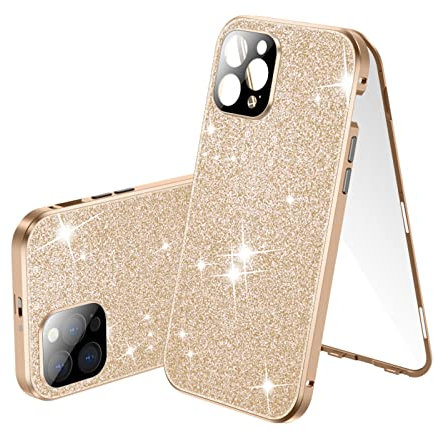 Jonwelsy Hülle für iPhone 12 Pro, Magnetische Adsorption Metall Stoßstange Flip Cover mit Objektivschutz 360 Grad Schutz Vorne Glas und Zurück Bling Handyhülle für iPhone 12 Pro 6,1 (Gold)