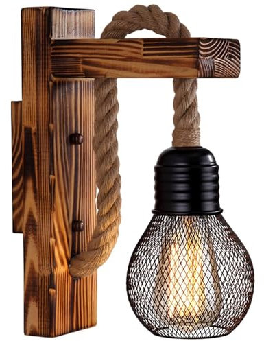 Wooden Wall Light Hemp Rope, Ahageek Industrial Wall Lamp Lamp Shade, E27 LED Retro Wall Light Living Room Bedside Table Corridor Cafe Bar(out Bulb) (1223-FBM-211ZW-3828558)