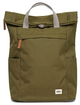 ROKA London Finchley A Medium Recycled Canvas (Moss) | Roll top backpack with spacious storage, padded laptop sleeve, side bottle pockets, secret pocket and adjustable straps