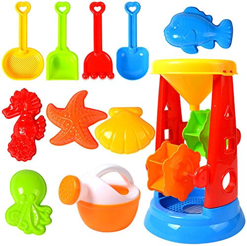 URFEDA Sandspielzeug, 11 Stück Strandspielzeug Set in wiederverwendbarer Netzbeutel, Sandkasten Spielzeug mit Sanduhr, Schaufel, Rechen und andere Werkzeuge Outdoor-Spielzeug für Kinder 3 4 5 6 7