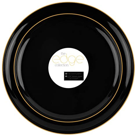Plasticpro 20 Piece Combo Plates Set includes 10 - 8.6'' inch Plates & 10 - 10.6'' inch Plates Black Plastic with Gold Rim Design Party Plates, heavyweight Elegant, Disposable, Tableware,