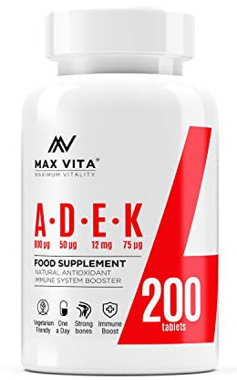 ADEK Vitamin A D3 2000IU K2 (MK-7) 75mcg UK Made & Vegetarian Supplement for Strong Bones, Teeth, Skin, Nails Immune System Antioxidant 200 Tablets