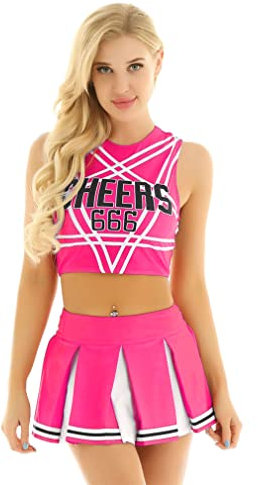 FEESHOW Damen Cheerleading Kostüm Sexy Cheerleading Rock Oberteil Pumpons High School Musical Outfit Karnevalskostüm Party Tanzkleidung Pink L