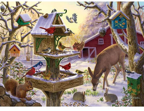 Bits and Pieces - 100 Piece Big Piece Jigsaw Puzzle for Seniors - 15 x 19 - Sunrise Feasting - 100 pc Winter Barn Deer Large Lettered Pieces Mental & Physical Dexterity Jigsaw by Liz Goodrick-Dillon