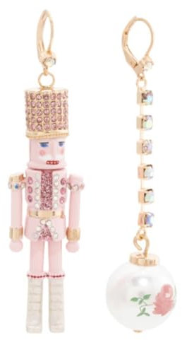 Betsey Johnson Nutcracker Linear Ball Mismatch Pink Earrings Christmas, Length: 3-3.25 Width: 0.75, Zinc, chrystal