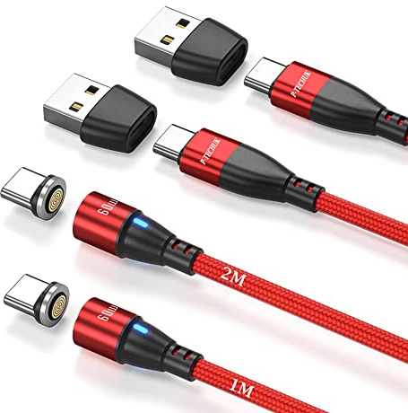 P-TECHUK 60W Super Fast USB C Magnetic Charging Data Cable, 6 in 1 PD Fast Charging Cable compatible with all Type C Devices. A18 Red (1M + 2M Cables, 2 x Type C Tips)