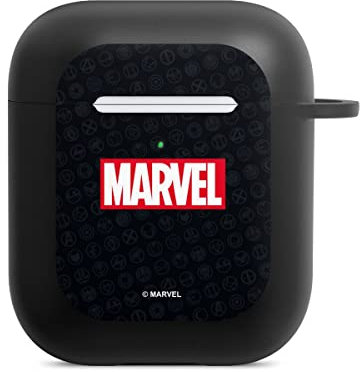 Hülle mit Karabiner kompatibel mit Apple AirPods (1. Generation) Case schwarz Schutzhülle mit Schlüsselanhänger Marvel Comic Logo