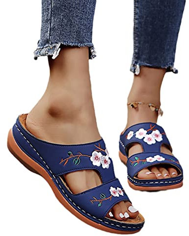 Damen Orthopädische Sandalen Vintage Blumenstickerei Schlappen 2023 Sommer Peep Toe Hausschuhe Keil PU-Leder Pantoffeln Gummi Plateau Pantoffeln Freizeit Strandschuhe ( Color : Blue , Size : 39 EU )