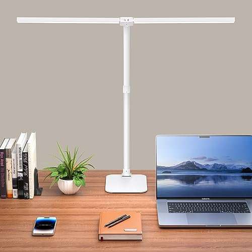 Kaulsoue Schreibtischlampe Led Dimmbar,Doppelkopf Schreibtischlampen with Base,24W 80cm 1500Lumen Tischlamp,Augenpflege 5 Farbe 5 Helligkeit,mit Tischplatte,Arbeit,Haus,Büro weiß