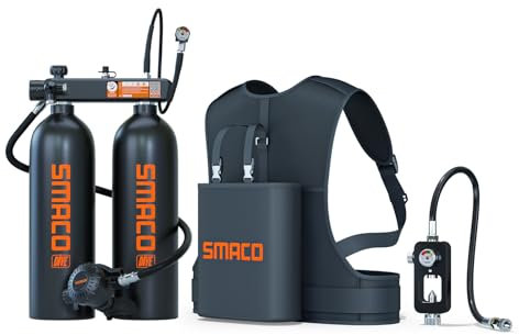 SMACO Mini Bouteille de Plongée Rechargeable 2L Double Bouteille de Plongee avec 30-45 Minutes 2 x 2L Petite Bouteille d'oxygène Plongee pour Plongée Récréative, Exploration sous-Marine S700 Max