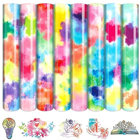 Tintnut Tie Dye Heat Transfer Vinyl -8 Sheets 12 x 10 Watercolor HTV Heat Transfer Vinyl Cloud Pattern Iron on Vinyl for DIY T-Shirts, Hat, Clothing Rainbow HTV Vinyl