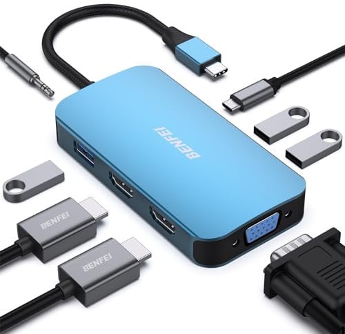 BENFEI Hub USB C MST 8 en 1 avec USB-C vers 2 HDMI/1 VGA, vers 3 Ports USB 3.0/100 W/Audio auxiliaire 3,5 mm, Compatible avec iPhone 15 Pro/Max, MacBook Pro 2023/2022/2021/2020, Surface Book et Plus