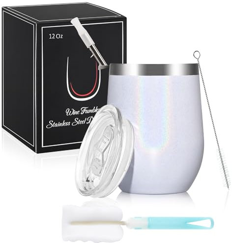 Joymaking Gobelet à vin en acier inoxydable Stemless avec couvercle, double paroi incassable gobelet de voyage pour lait, café, vin, bière, champagne, cocktails, blanc arc-en-ciel
